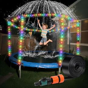 Trampoline Sprinkler Kids Outdside with Led Lights: Waterpark Tropical Party Summer Outdoor Fun Water Games Toys Sprinklers Backyard Water Park Activity Toy for Kids Boys Girls