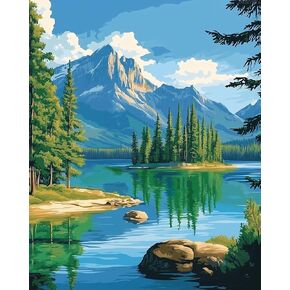 طلاء Oksgyta Spirit Island Canada حسب عددهم للبالغين ، طلاء Jasper National Park بأرقام أرقام ، والجبال المناظر الطبيعية الأكريليك اللوحة الزيتية غير الإطار ، واللوحة الزيتية في Forest Lake (16 × 20 بوصة)