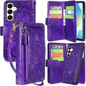 Harryshell Compatible with Samsung Galaxy A16 5G Wallet Detachable Magnetic Phone Case [Theft-Scan Blocking] Card Slots, Cash Zipper Pocket Wrist Strap (Floral Purple)