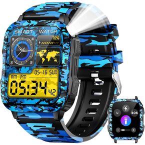 ساعة ذكية عسكرية للرجال الذين يعانون من LED Flashlight Watch 2.0 '' Big Screen Smartwatch 430mAh Big Battery Fitness Tracker مع شاشة نوم معدل ضربات القلب قم بإجراء مكالمات لـ iPhone Android