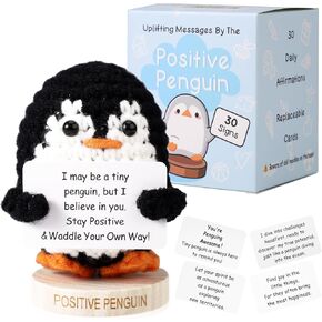 Positive Penguin, Soft Magnetic Crochet Penguin with Wooden Base and 30pcs Cards Knitted Animals Ideal Emotional Plush Support Gifts and Table Decor for Birthday Anniversary Xmas