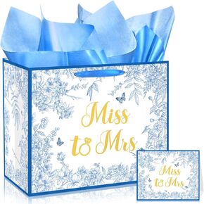 Woosytoo Bride Gift Bag Miss to Mrs Gift Bag Bag with Wedder Paper Card Bag Bag Blue Floral Wrapping for Bridal Bachelorette Engagement Assocply Supplies Supplies Supplies
