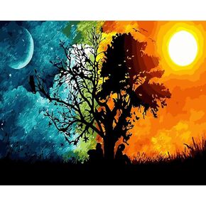 Wiskalon Paint بأرقام أرقام من المناظر الطبيعية ، مجموعة أدوات الطلاء الزيتية DIY Sun and Moon Tree Canvas DIY للبالغين ديكور المنزل المبتدئين بدون إطار (16 × 20 بوصة)