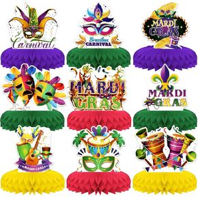 Mardi Gras Decorations ، [9 pcs] Kskspe Mardi Gras Centerpces for Tables Honeycomb Centerpieces 3D Mardi Gras Theme Party Decor Supplies Boys Girls