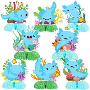Axolotl Party Decorations Blue, 8pcs Axolotl Honeycomb Centerpiece for Table Double-Sided Printing Axolotl Party Favors for Axolotl Baby Shower Birthday Party Boy