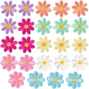Isslly 24pcs Daisy Flower Patches for Clothes, Cute Flower Iron on Applique Patches, Sew on Embroidered Patches for Jeans Sweaters Jackets Coats Bags Hats- 12 Colors
