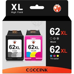 COCCINK 62XL Ink Cartridge for HP Envy 5540 5640 5660 7640 7645 OfficeJet 5740 5745 8040 OfficeJet Mobile 200 250 Printers for Replacement Printer Ink HP 62 XL HP62 HP62XL Black and Color Combo Pack