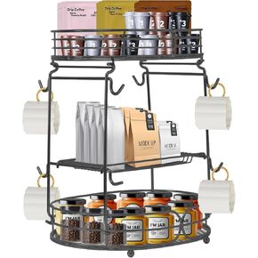 Coffee Bar Organizer Countertop,3 Tier Coffee Bar Organizer Countertop Station Shelf for Home Office, Multi-functional Coffee Mug Cup Holder Stand, Accessory Storage Rack with 8 Hooks (Gold)