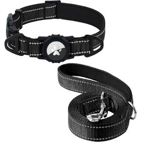 Joytale Airtag Dog Cog ومجموعة مقود 6 قدم ، طوق Pet Dual D-Rings ومقبض نايلون مقبض مبطن للعكس للكلاب المتوسطة (أسود ، م)