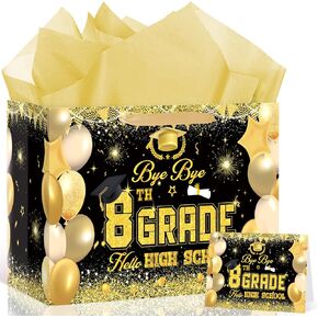 8TH Grade Graduation Decorations Bye Bye 8TH Grade Hello High School Gift Bag with Wrapping Paper and Card Congrats Grad Wrapping Paper Bag Goodie Gift Bags for Eighth Grade Graduation Party Supplies