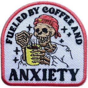 Fueled by Iced Coffee and Anxiety Patch, 3 Inches Sew On Iron On Patches Skeleton Embroidery Patches for Clothes Backpacks Hats Jeans Bags, Anxiety Embroidered Patches, DIY Patch for Adults