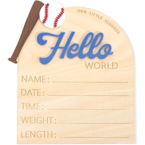 Baseball Hello World Bulletin Board - Newborn Birth Record Card Photo Props,Hospital Nursery Decorations,Baseball Birth Information Announcement Sign,Hello World Sports Milestone Wooden Board
