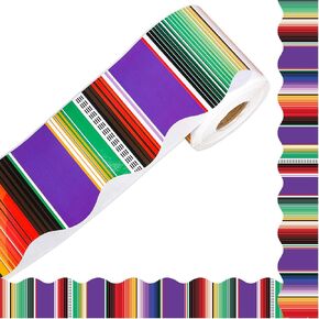 65.6 Ft Mexican Fiesta Bulletin Board Border Colorful Green Striped Scalloped Die Cut Trim Cinco De Mayo Border Sticker Roll for Back to School Home Classroom Party Wall Decoration