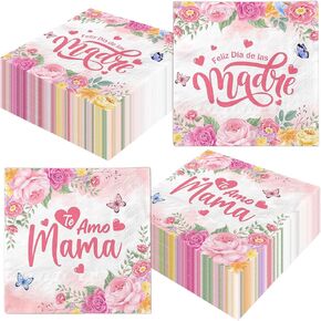 48Pcs Feliz Dia De Las Madres Napkins, Happy Mother’s Day Napkins Disposable Paper Luncheon Dinner Napkins Pink Floral Mothers Day Napkin for Mother's Day Supplies