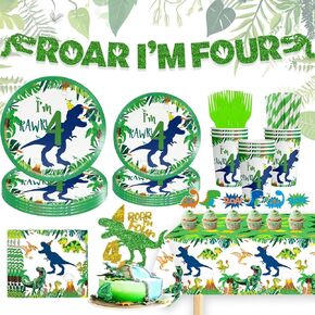 Dinosaur 4th Decorations Boy for Boy Roar Im Four Birthday Party Table Set مجموعة أدوات المائدة تشمل Straws Glitter Lanner Plates Napkins Cups fickloth لمدة 4 سنوات من اللوازم عيد ميلاد Dino ، تقدم 25