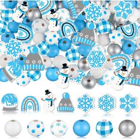 215 PCS Winter Wood Beads Bulk Snowflake Round Wooden Wooden Worden Jods غير مكتملة من الخرز الحرف الخشبية الأزرق والأبيض مع ثقوب حبات الخشب الثلجية لحرف المجوهرات DIY