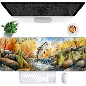 قفز لوحة فأر ألعاب الأسماك ، 31.5 "× 11.8" موسع من وسادات الفأر في الخريف لسطح الخريف لجهاز الكمبيوتر المحمول لوحة المفاتيح ، حصيرة مكتب كبيرة مع حواف مخيط لمكتب مكتب العمل
