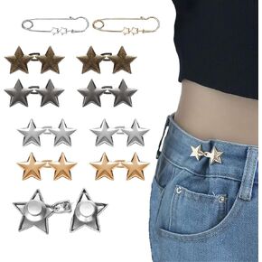 10 Sets Star Buttons Pant Waist Tightener, Adjustable Pant Clips for Waist Tightener, Instant Reusable Jean Buttons for Loose Jeans, No Sewing Required Sliver Button Pins