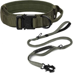 Joytale Tactical Dog Collar (20 "-24") ومجموعة مقود الكلاب ، طوق كلب قوي قابل للتعديل مع مقود الكلب الذي يمتص الصدمات للكلاب الكبيرة الإضافية (Armygreen ، XL)