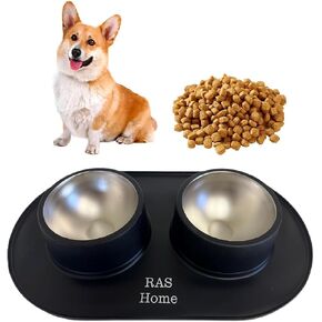 Stainless Steel Double Dog Bowls, Non Slip Suction Silicone Mat, Metal Pet Bowls (Black, 3.5 Cup, 28 Ounces)