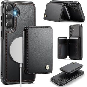 Compatible with Magsafe Wireless Charing for Samsung Galaxy S25 Wallet Case, RFID Blocking Card Holder Magnetic 2 in 1 Detachable Wallet Kickstand Case, Brown