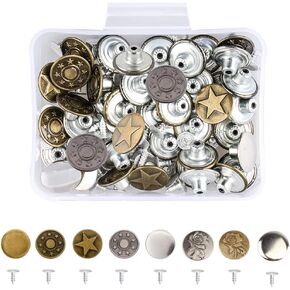 80 Sets 17mm Jeans Button Replacement Kit Metal Tack Button Snap Button for Denims, Jeans, Jackets with Plastic Storage Box, 8 Styles