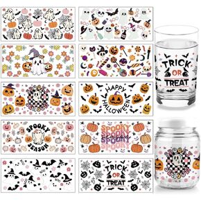 arricraft 10 Sheets UV DTF Cup Wrap Transfer Stickers for Glass, 10 Styles Halloween Cute Ghost Pumpkin Rub on Transfers Decal for 16OZ Glass Cups Furniture Craft Wood DIY Crafts