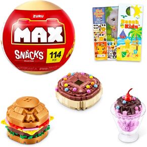 Zuru Max Snacks Set for Kids - Bundle with Zuru Max Snacks Bricks Blind Ball Plus Stickers and Door Hanger | Zuru Max Snacks Collection Brick Building Kit