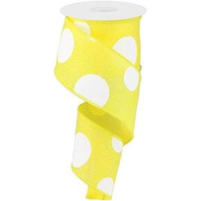 Faux Burlap Giant Polka Dot Wired Ripbon: صفراء أبيض - 2.5 بوصة × 10 ياردة