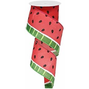 Watermelon Summer Picnic Wired Ribbon, Pink Green Black White, 2.5 Inches X 10 Yards