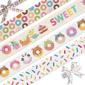 YKW 4 Pack Donut Grosgrain Ribbon ، 7/8 "× 5 ياردة لكل منهما - الكعك الحيواني لطيف ، شخصيات حلوة ، رشاشات وأنماط الكعك الملونة للحرف اليدوية ، غلاف الهدايا ، تزيين الحفلات وهدايا الخبز