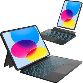 لحالة الجيل العاشر iPad مع لوحة المفاتيح (10.9 "، 2022) ، حالة لوحة المفاتيح اللاسلكية القابلة للفصل المغناطيسي مع 7 ألوان الإضاءة الخلفية ، لوحة تتبع متعددة اللمس للجيل العاشر iPad (أسود)