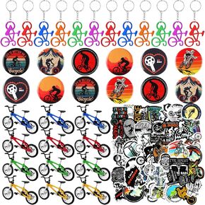 Poen 86 PCS Bike Party Forms بما في ذلك 12 دراجة إصبع 12 سلسلة مفاتيح الدراجة 12 شارات زر 50 ملصقات مضاد للماء مستلزمات نادي النادي