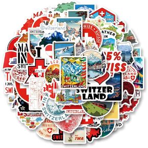 64Pcs Switzerland Stickers Pack, Cartoon Cute Vinyl Waterproof Decals for Water Bottle,Laptop,Phone,Skateboard,Scrapbooking,Bumper Gifts for Kids Teens Adults Fans for Party Supply