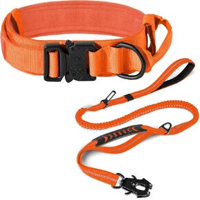 Joytale Tactical Dog Collar (15 "-18") ومجموعة مقود الكلاب ، طوق الكلب القوي القابل للتعديل مع مقود الكلب الذي يمتص الصدمات للكلاب المتوسطة (Orange ، M)