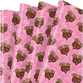 Sanixin 12 Sheets عيد الحب الورق الوردي الوردي لطيف Otters Gift Paper للرجال أصدقاء عيد ميلاد عيد ميلاد عيد ميلاد Craft ، 19.7 × 27.6 بوصة