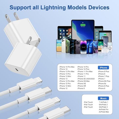 iPhone Fast Charging Block with 10ft Cable, 3Pack for Apple Certified Wall Charger Plug and USB C to Lightning Cord Long, Type C Power Adapter Cube Brick for Apple iPhone 14 Pro Max/13 Pro/12 Mini/11 in Kuwait