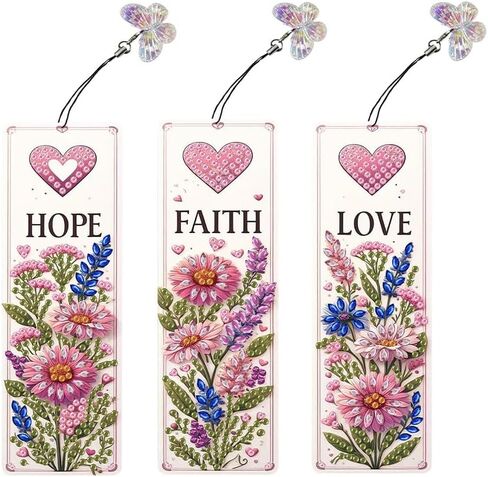 pigpigboss 3 Pieces Acrylic Cross Flower Diamond Painting Bookmark Kit, Religious Cross Diamond Art Bookmark with Butterfly Pendant, Daisy Flower Book Marks for Adult Beginner Book Decor in Saudi Arabia