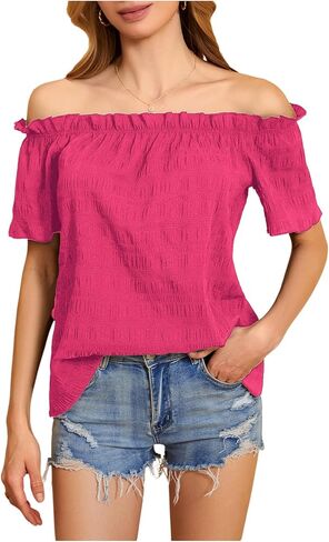 MakeMeChic Women's Off Shoulder Short Sleeve Summer Shirt Solid Frill Trim Textured Blouse Tops in Kuwait