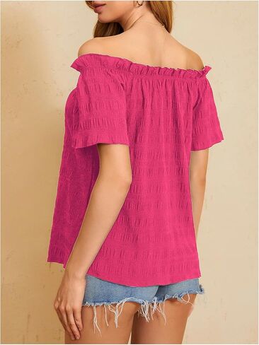 MakeMeChic Women's Off Shoulder Short Sleeve Summer Shirt Solid Frill Trim Textured Blouse Tops in Kuwait
