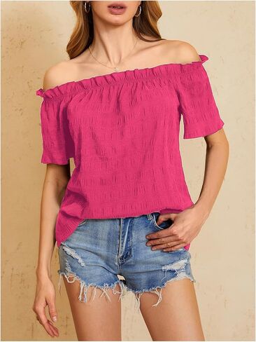MakeMeChic Women's Off Shoulder Short Sleeve Summer Shirt Solid Frill Trim Textured Blouse Tops in Kuwait