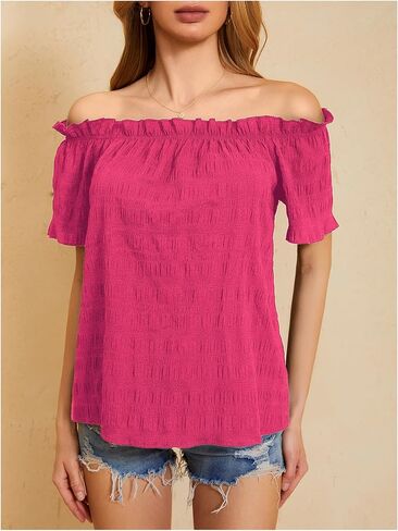 MakeMeChic Women's Off Shoulder Short Sleeve Summer Shirt Solid Frill Trim Textured Blouse Tops in Kuwait