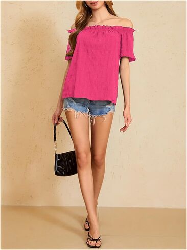 MakeMeChic Women's Off Shoulder Short Sleeve Summer Shirt Solid Frill Trim Textured Blouse Tops in Kuwait