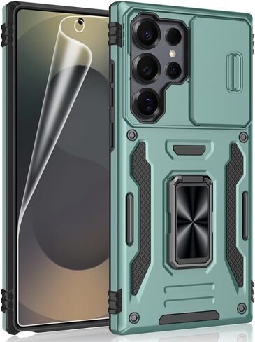 for Samsung Galaxy S25 Ultra Case, Shockproof Phone Case & Sliding Camera Cover & Ring Holder Kickstand with Soft TPU Screen Protector [Black] in Kuwait