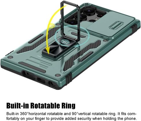 for Samsung Galaxy S25 Ultra Case, Shockproof Phone Case & Sliding Camera Cover & Ring Holder Kickstand with Soft TPU Screen Protector [Black] in Kuwait