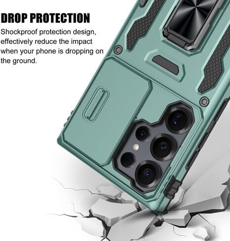 for Samsung Galaxy S25 Ultra Case, Shockproof Phone Case & Sliding Camera Cover & Ring Holder Kickstand with Soft TPU Screen Protector [Black] in Kuwait