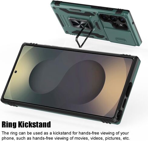 for Samsung Galaxy S25 Ultra Case, Shockproof Phone Case & Sliding Camera Cover & Ring Holder Kickstand with Soft TPU Screen Protector [Black] in Kuwait