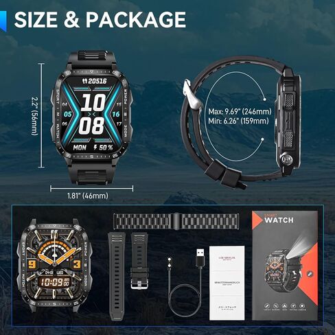 ساعة ذكية عسكرية للرجال الذين يعانون من LED Flashlight Watch 2.0 '' Big Screen Smartwatch 430mAh Big Battery Fitness Tracker مع شاشة نوم معدل ضربات القلب قم بإجراء مكالمات لـ iPhone Android in Saudi Arabia