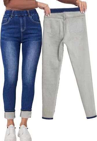 جينز شتوي نسائي من Yehopere بخصر عالٍ وسحب على الصوف السميك وخصر مطاطي in Kuwait