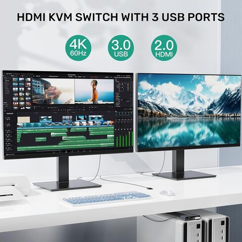HDMI Displayport KVM Switch, 2 Computers 2 Monitors 4K@60Hz KVM Switcher Dual Monitor for 2 PC, 3 USB 3.0 Ports Support Extended/Mirror Mode with Desktop Controller&2 USB Cables&Power Adapter in Kuwait